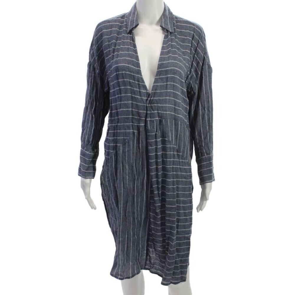 Akemi Kin Women Shirt Dress Blue Striped Collar Long Sleeve Knee Length Size S